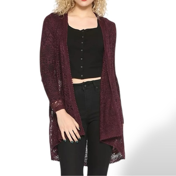 Plum Crochet Knit Open Front Cardigan - Picture 1 of 7